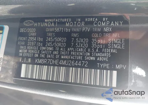 2021 Hyundai Palisade Calligraphy z USA, uszkodzony, nr VIN KM8R7DHE4MU264472